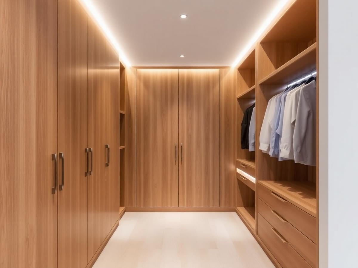 Warm oak walk-in wardrobe with LED lighting